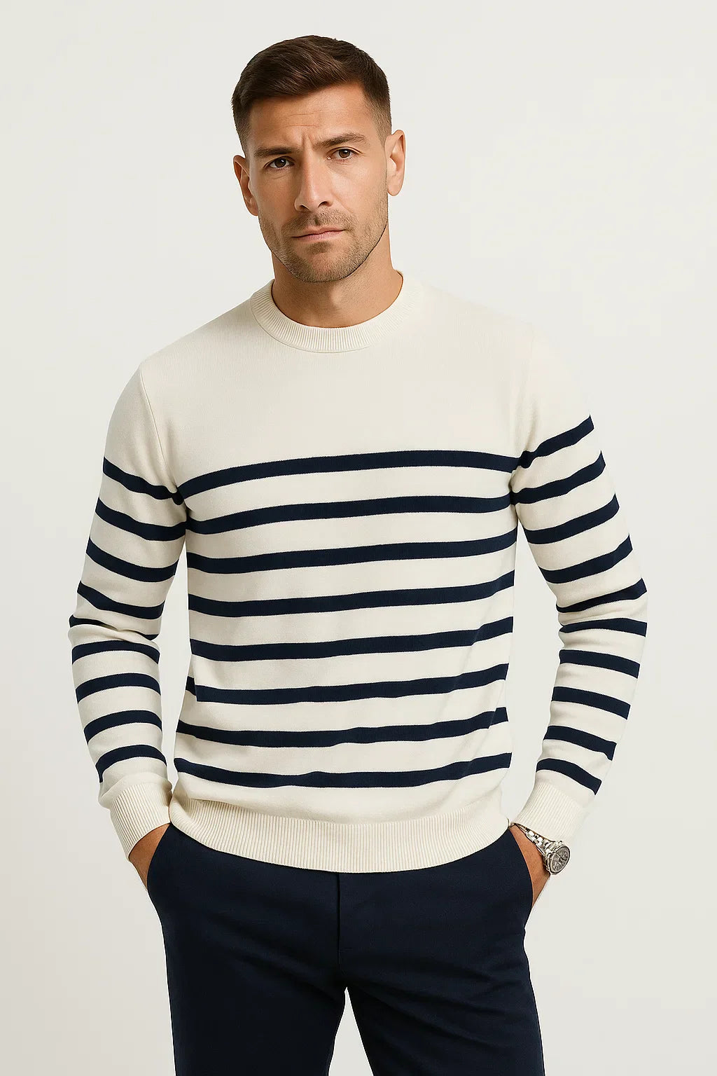 Striped Wool Sweater with a Round Neck